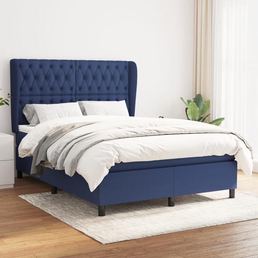 VidaXL Boxspring Stof Blauw 140x190 cm Inclusief Matras Boxspringbed Boxspring Bed Slaapkamerinrichting Houten Bed Blauw Bed Tweepersoonsbed Pocketveermatras Matras Hoofdbord - Foto 2