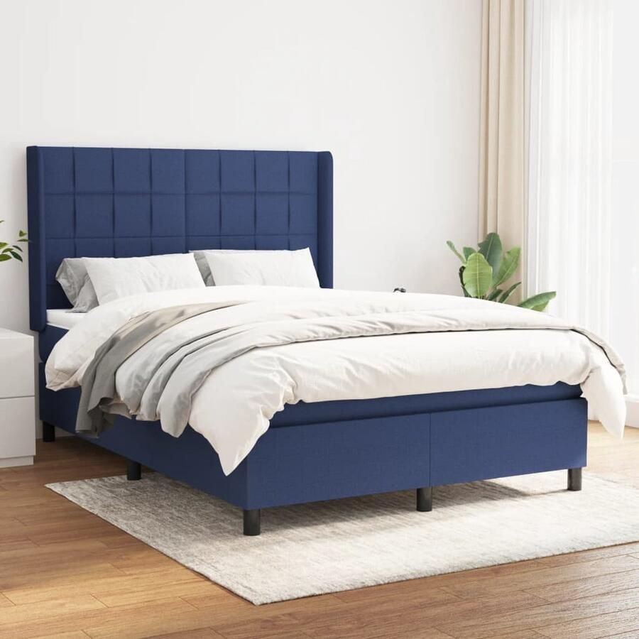 VidaXL Boxspring Stof Blauw 140x190 cm Inclusief Matras Boxspringbed Slaapcomfort Pocketveermatras Middenhard Blauwe Boxspring Tweepersoons Bed Slaapkamer Meubilair - Foto 2