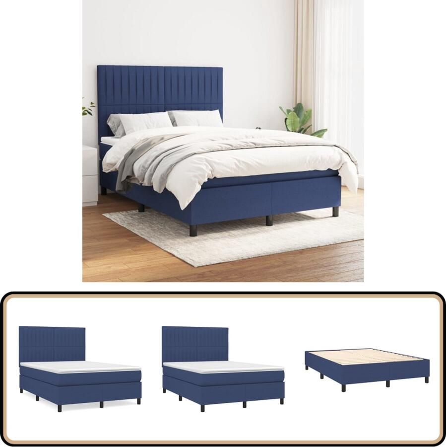 VidaXL Boxspring Stof Blauw 140x200 cm Boxspringbed Slaapcomfort Pocketvering Matras Blauwe Beddengoed Tweepersoonsbed Hoofdbord Adjustable Headboard Middenhard