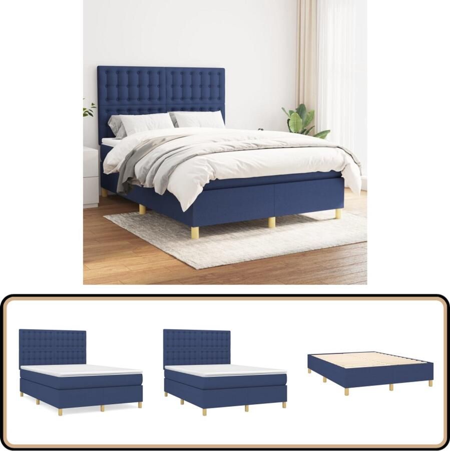 VidaXL Boxspring stof blauw 140x200 cm met matras Boxspringbed Slaapcomfort Boxspring Tweepersoonsbed Bed Met Hoofdbord