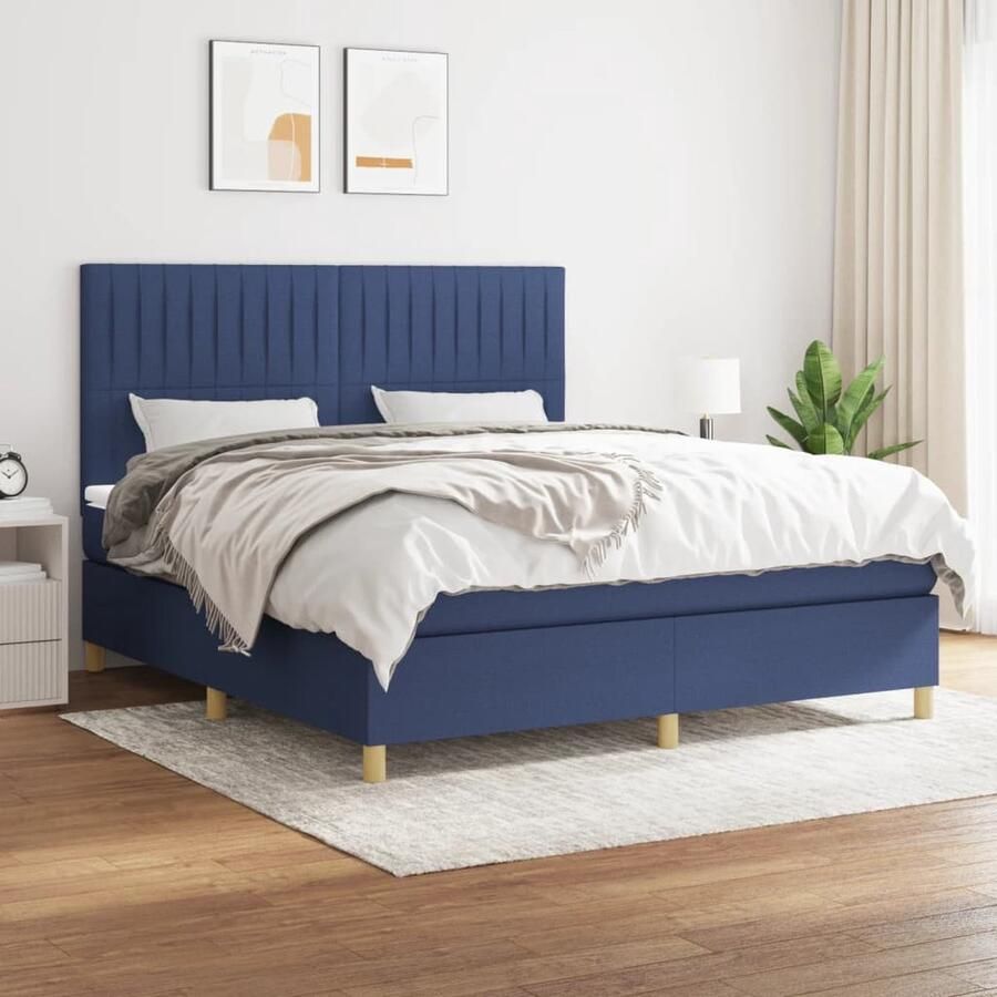 VidaXL Boxspring Stof Blauw 160x200 cm Boxspringbed Boxspring Tweepersoonsbed Slaapcomfort Matras Pocketed Veren Blauwe Kamerdecoratie Bedroom Furniture - Foto 2