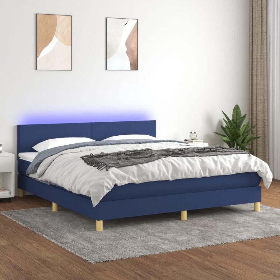 VidaXL Boxspring Stof Blauw 160x200 cm LED Boxspring Led Lamp Boxspring Met Led Slaapcomfort Hoofdboard Tweepersoonsbed Blauwe Boxspring - Foto 2