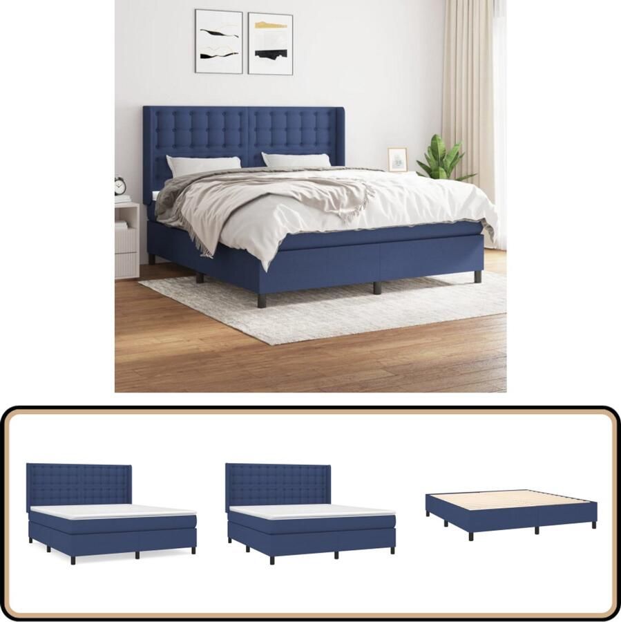 VidaXL Boxspring Stof Blauw 180x200 cm Boxspringbed Slaapcomfort Pocketveer Matras Blauwe Boxspring Tweepersoons Bed King Size Bed Hoofdbord Frame Bed