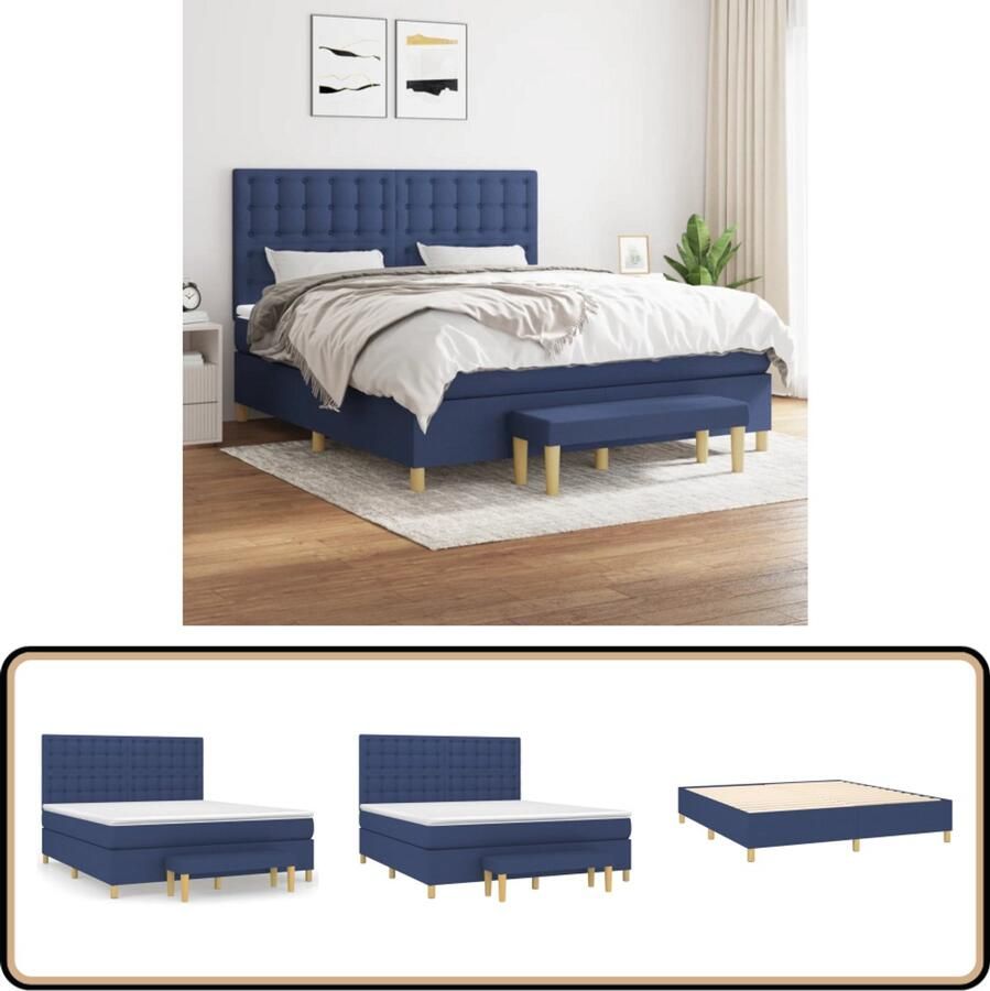 VidaXL Boxspring Stof Blauw 180x200 cm Inclusief Matras Boxspringbed Boxspring Slaapkamerinrichting Tweepersoonsbed Blauwe Bedden Pocketveermatras Middelhard Matras Stapelbare Bedbank