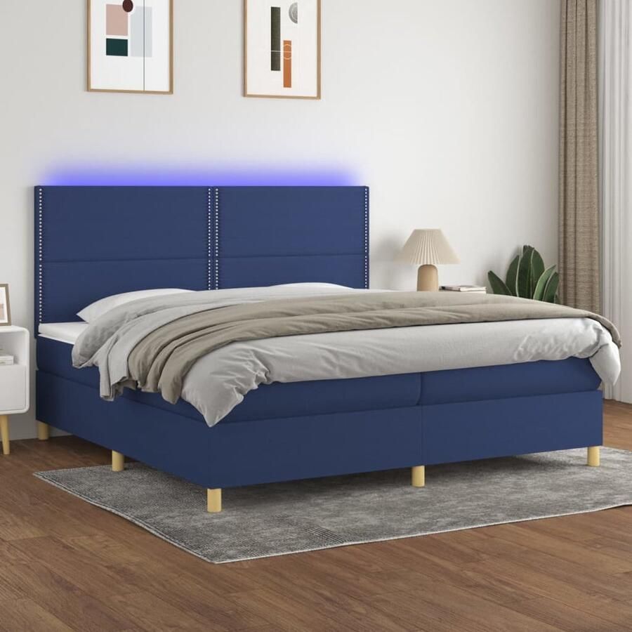 VidaXL Boxspring Stof Blauw 200x200 cm LED-verlichting Boxspring Led Bed Slaapcomfort Pocketveer Matras Blauwe Boxspring Tweepersoons Bed Hoofdbord Adjustable Headboard - Foto 2