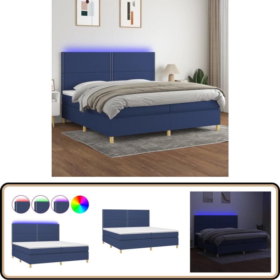 VidaXL Boxspring Stof Blauw 200x200 cm LED-verlichting Boxspring Led Bed Slaapcomfort Pocketveer Matras Blauwe Boxspring Tweepersoons Bed Hoofdbord Adjustable Headboard