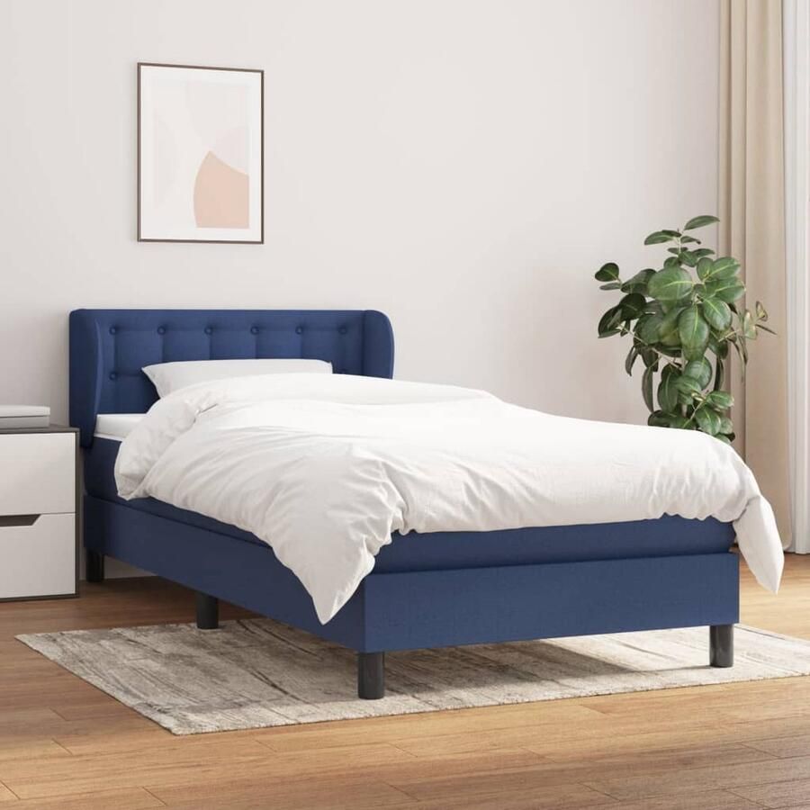 VidaXL Boxspring met matras stof blauw 100x200 cm Boxspringbed Boxsprings Slaapkamerinrichting Bed Frame Tweepersoonsbed Elektrisch Verstelbare Hoofdbord Pocketveermatras Middelhard Matras Blauwe Bed - Foto 2