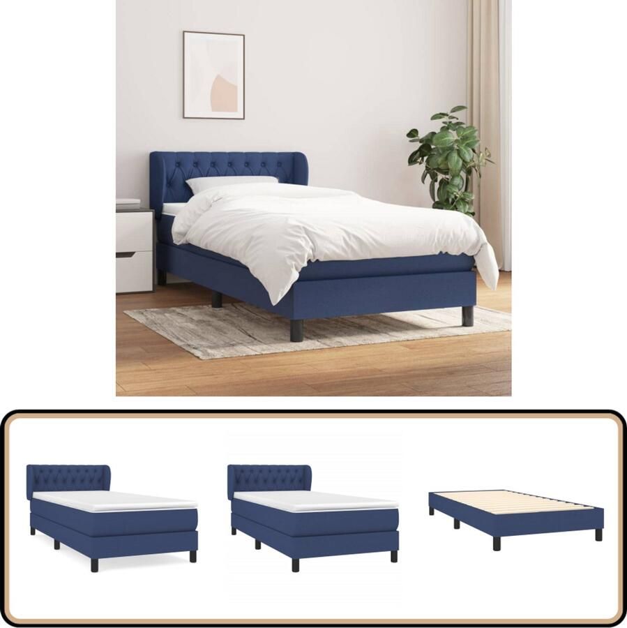 VidaXL Boxspring Stof Blauw 90x200 cm Inclusief Matras Boxspringbed Slaapcomfort Pocketveermatras Verstelbare Hoofdbord Blauwe Bedden Stof Bed Frame