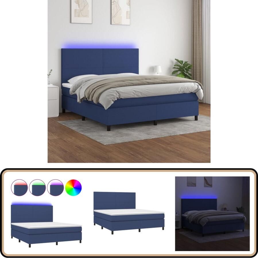 VidaXL Boxspring Stof Blauw Inclusief Matras 180x200 cm Boxspring Bed Led Bed Slaapcomfort Blauwe Boxspring Tweepersoons Bed