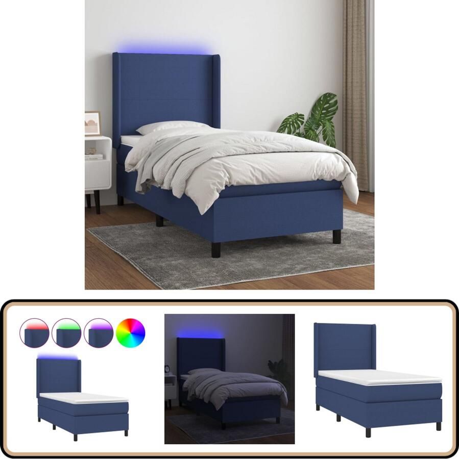 VidaXL Boxspring Stof Blauw Inclusief Matras 90x200 cm Boxspring Bed Frame Led Lamp Slaapcomfort Pocketed Spring Mattress
