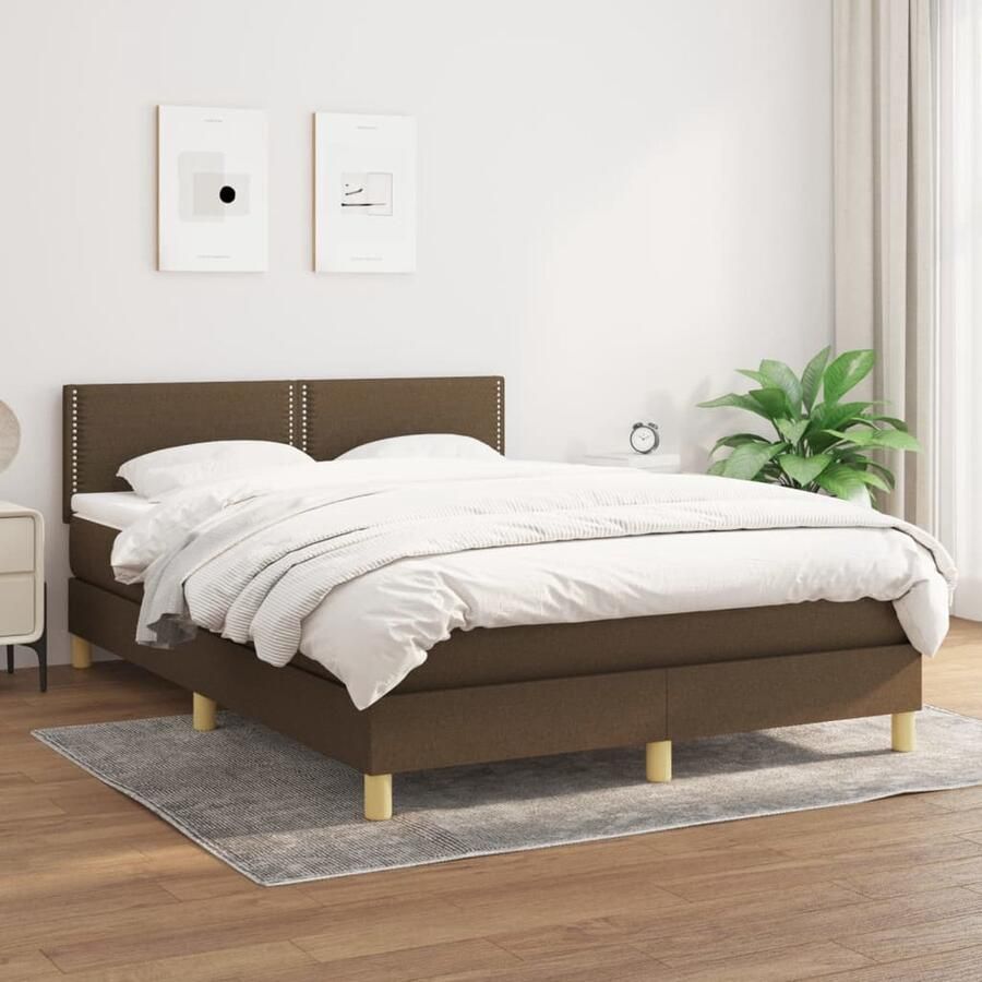 VidaXL Boxspring Stof Donkerbruin 140x190 cm Boxspring Bed Donkere Bruine Boxspring Pocketveer Matras Middenhard Matras Hoofdbord Met Instelbare Hoogte - Foto 2