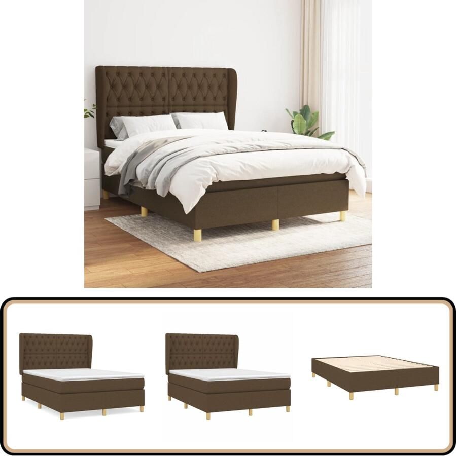 VidaXL Boxspring Stof Donkerbruin 140x190 cm Boxspringbed Boxsprings Slaapkamer Meubilair Tweepersoons Bed Donkere Kleuren Houten Bed Frame Pocketveer Matras Adjustable Headboard