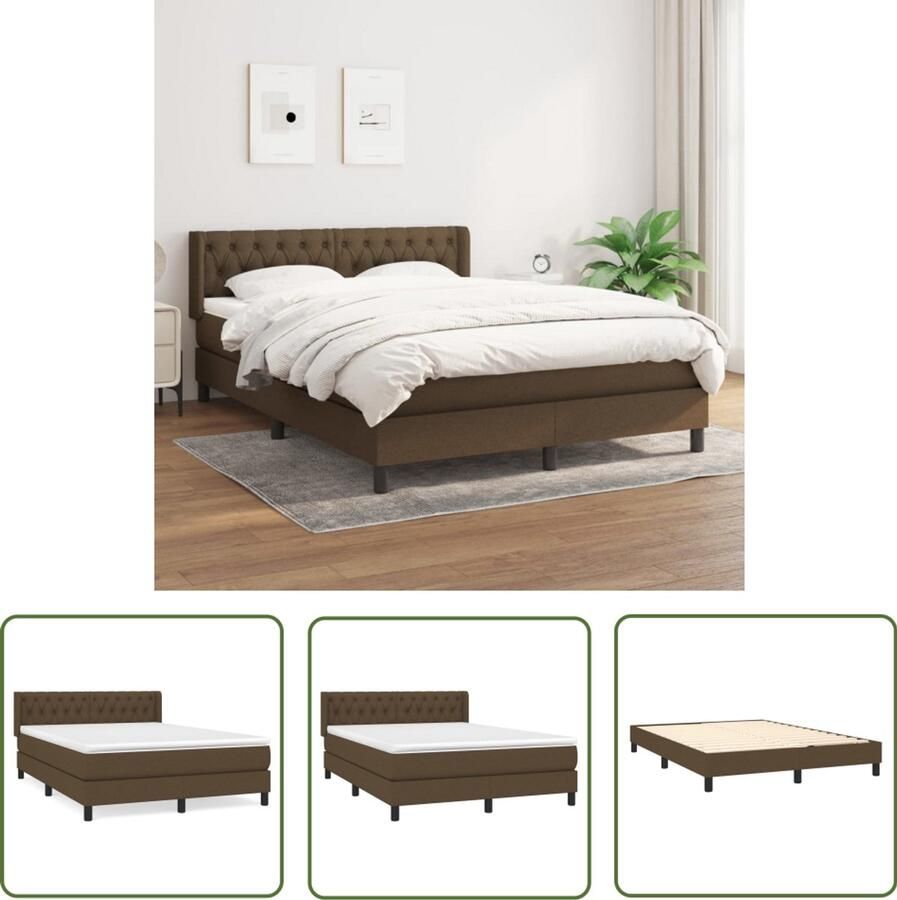 VidaXL Boxspring Stof Donkerbruin 140x190 cm Boxspringbed Donkere Kleuren Slaapcomfort Pocketveer Matras Houten Bedframe