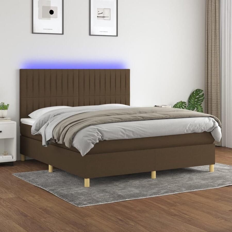 VidaXL Boxspring Stof Donkerbruin 180x200 cm Boxspring Bed Frame Donkere Bruine Boxspring Led Lampen Verstelbare Hoofdbord Pocketveer Matras Huidgevend - Foto 2