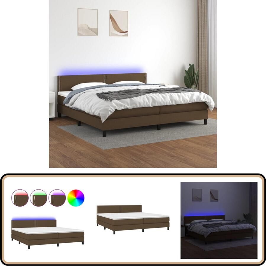 VidaXL Boxspring Stof Donkerbruin 200x200 cm Boxspring Led Bed Boxspring Met Led Donkere Bruine Boxspring Verstelbare Hoofdbord Pocketed Veer Matras Huidgevend Topmatras