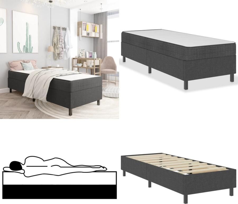 VidaXL Boxspring stof donkergrijs 100x200 cm Boxspring Boxsprings Boxspringbed Boxspringbedden