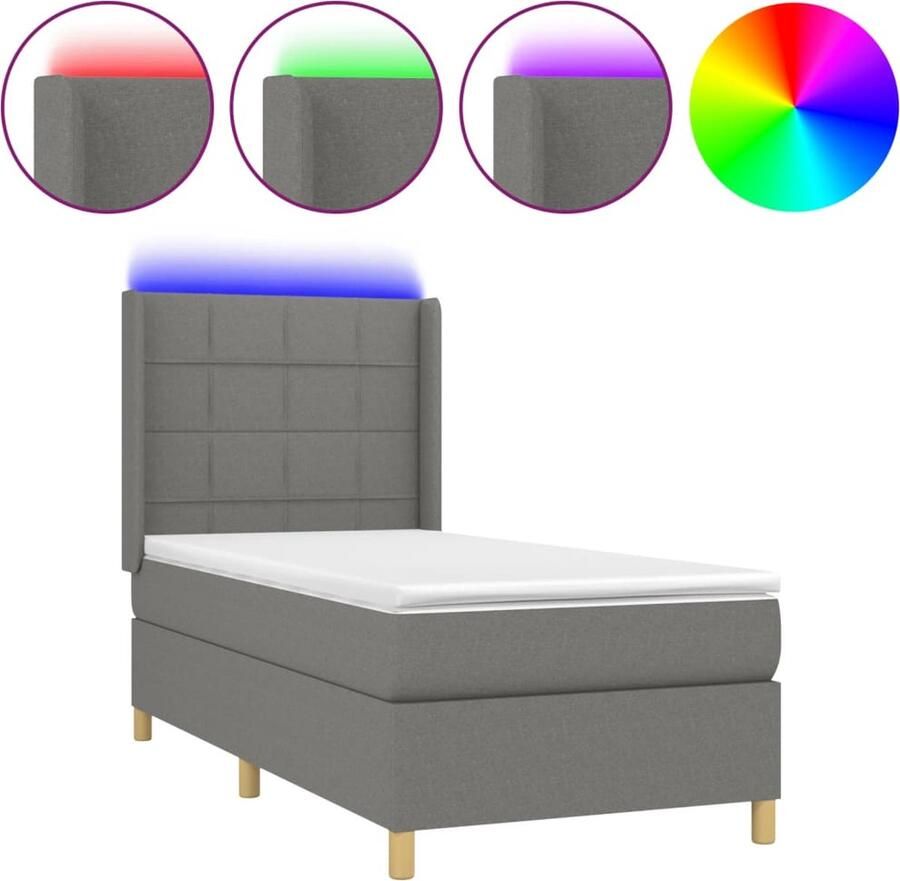 VidaXL Boxspring Stof Donkergrijs 100x200 cm LED Boxspring Donkere Kleuren Led Verlichting Pocketed Veren Matras Huidgevriendelijk Slaapcomfort Bedroom Decor - Foto 2