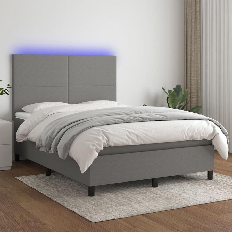 VidaXL Boxspring Stof Donkergrijs 140x200 cm Boxspring Bed Donkere Kleuren Elektrisch Verstelbare Hoofdbord Led Verlichting Pocketveer Matras Slaapcomfort - Foto 2