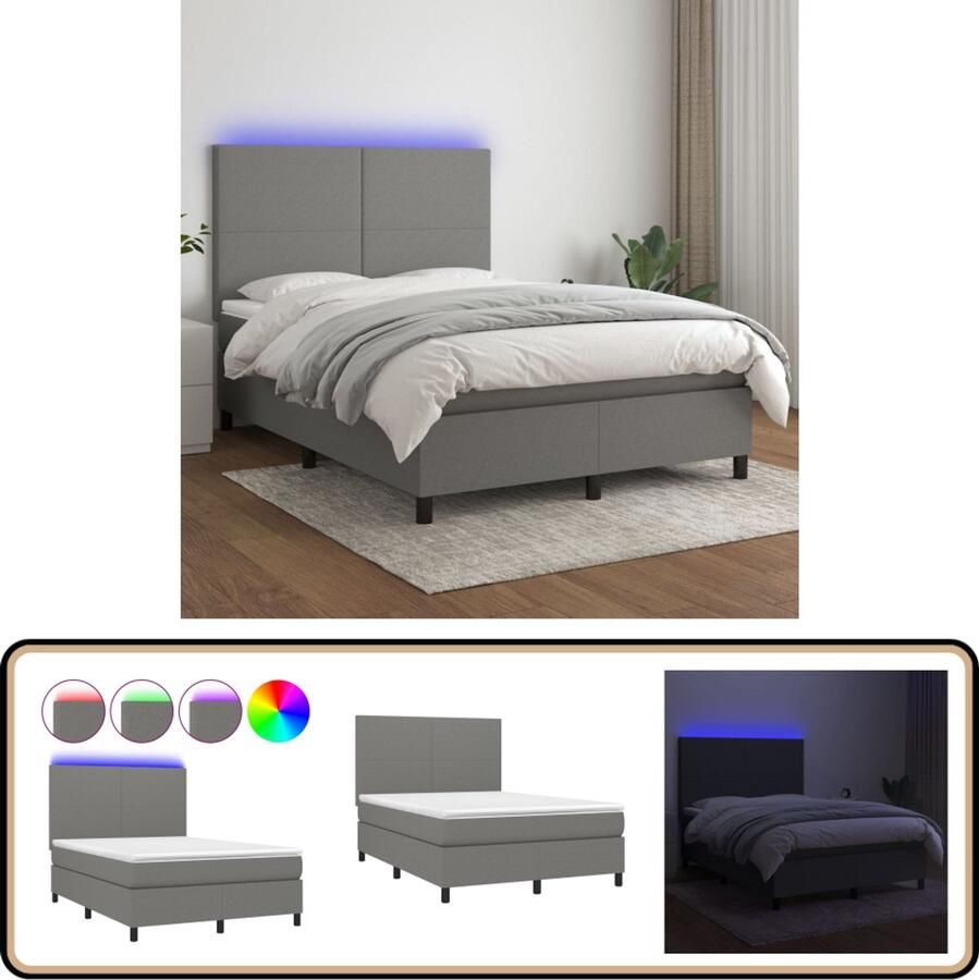 VidaXL Boxspring Stof Donkergrijs 140x200 cm Boxspring Bed Donkere Kleuren Elektrisch Verstelbare Hoofdbord Led Verlichting Pocketveer Matras Slaapcomfort