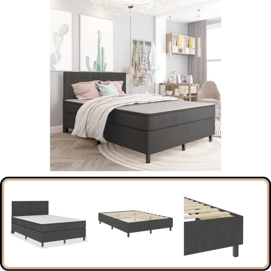 VidaXL Boxspring stof donkergrijs 140x200 cm Boxspring Donkere Kleuren Tweepersoonsbed Boxsprings Kopen Slaapkamer Meubels Hoofdbord Frame Bed Matras Luxe Bed Ergonomisch Bed