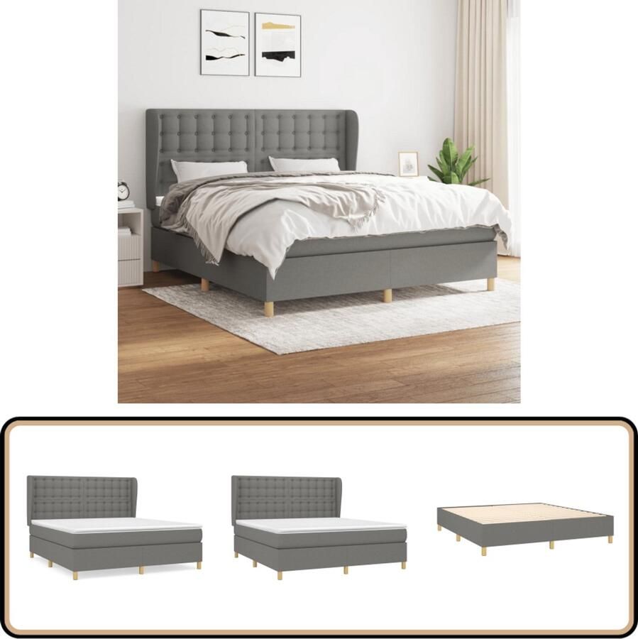 VidaXL Boxspring Stof Donkergrijs 160x200 cm Boxspringbed Slaapcomfort Boxspring Tweepersoonsbed Matras Pocketvering Grijs Bed Frame Hoofdbord Bedroom Furniture