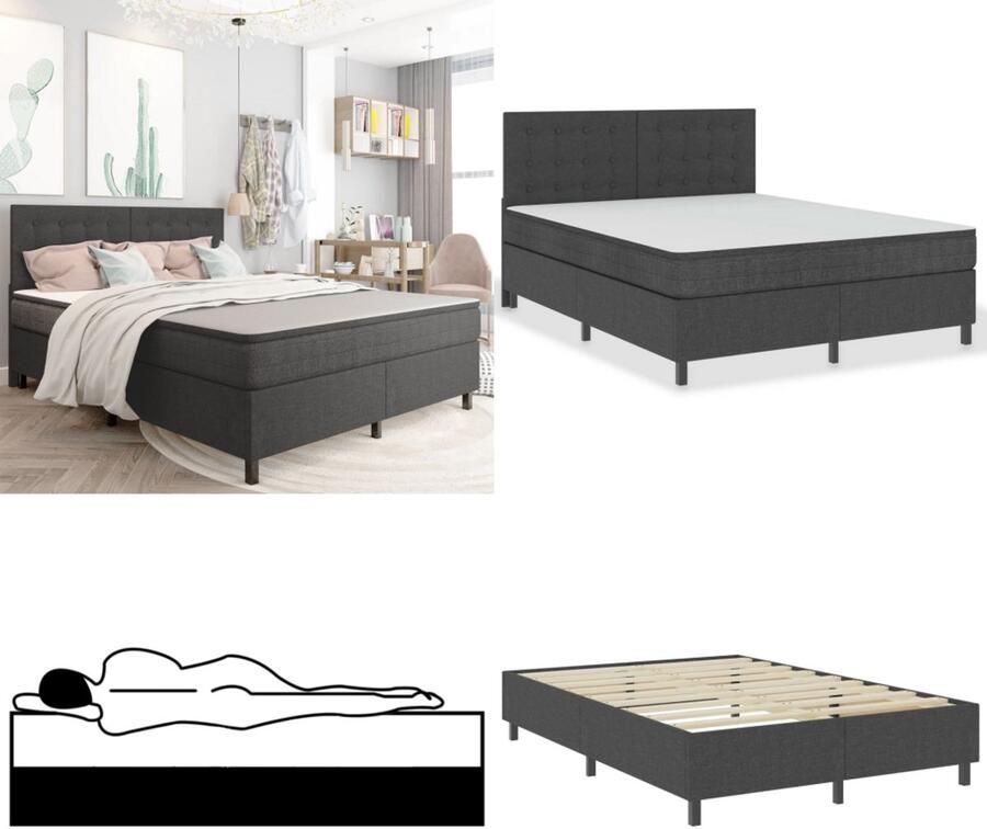 VidaXL Boxspring stof donkergrijs 180x200 cm Boxspring Boxsprings Boxspringbed Boxspringbedden