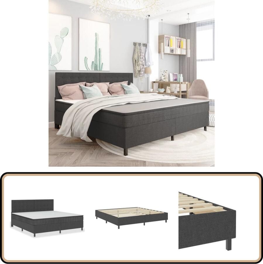 VidaXL Boxspring Stof Donkergrijs 200x200 cm Boxspring Tweepersoons Bed Grijs Bed Metal Frame Stoffen Bed