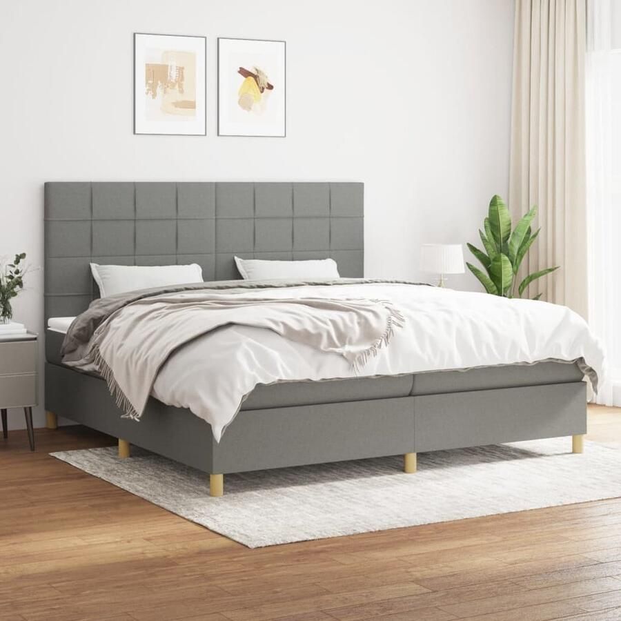 VidaXL Boxspring Stof Donkergrijs 200x200 cm Boxspringbed Donkere Kleuren Tweepersoonsbed Pocketveermatras Middenhard Matras Hoofdbord Slaapkamer Meubels - Foto 3