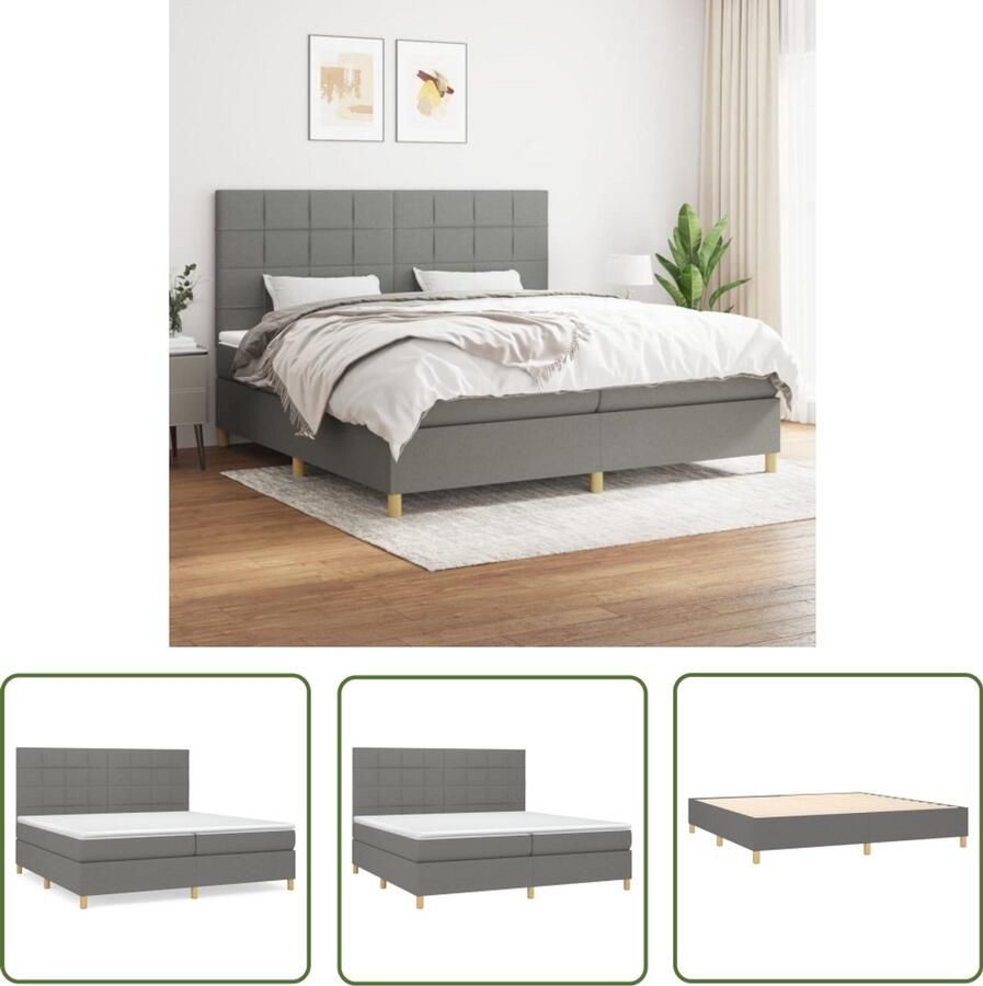 VidaXL Boxspring Stof Donkergrijs 200x200 cm Boxspringbed Donkere Kleuren Tweepersoonsbed Pocketveermatras Middenhard Matras Hoofdbord Slaapkamer Meubels