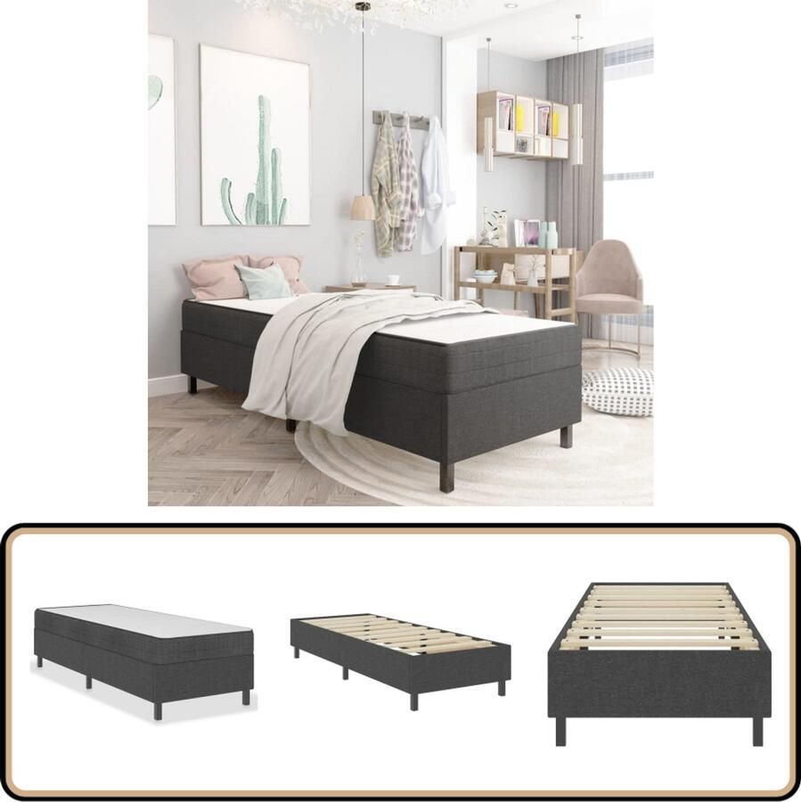 VidaXL Boxspring Stof donkergrijs 80x200 cm Boxspring Donkere Kleuren Tweepersoons Bed Slaapcomfort Matras Frame Metalen Bed Stoffen Bed Luxe Bed