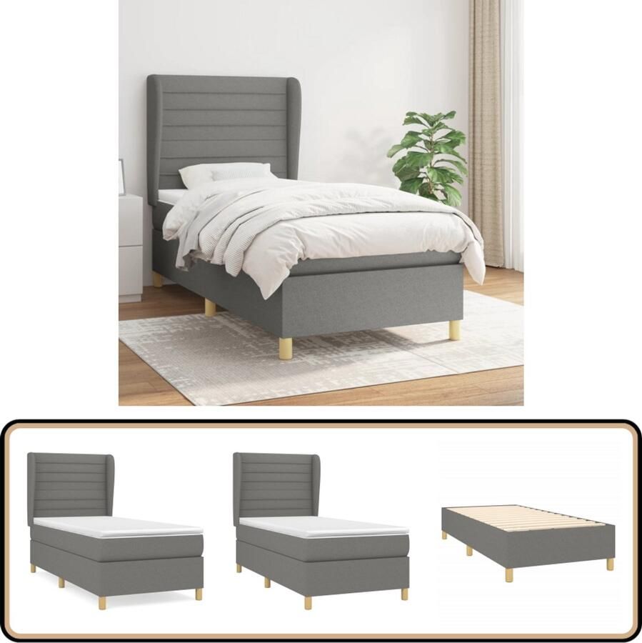 VidaXL Boxspring Stof Donkergrijs 80x200 cm Boxspringbed Boxspring Bed Slaapcomfort Matras Pocketing Veren Hoofdbord Grijs Modern Duurzaam