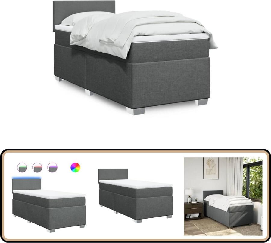 VidaXL Boxspring Stof Donkergrijs 80x200 cm Boxspringbed Led-verlichting Pocketveringmatras Grijs Tweepersoonsbed