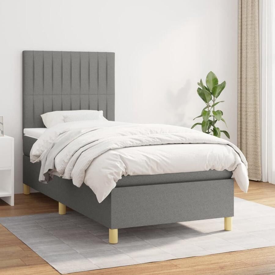 VidaXL Boxspring Stof Donkergrijs 90x190 cm Boxspringbed Boxspring Slaapkamerinrichting Tweepersoonsbed Donkere Kleuren Pocketveermatras Middenhard Matras Grijs Bed - Foto 2