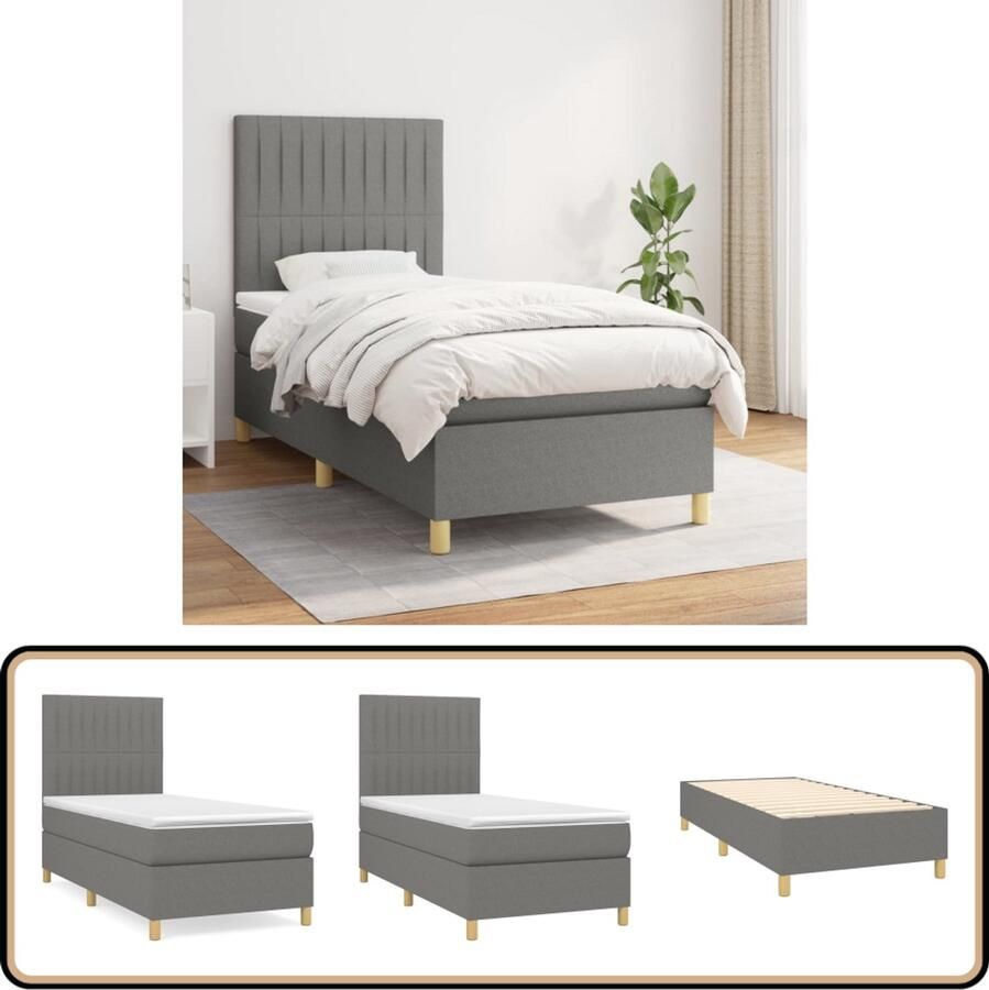 VidaXL Boxspring Stof Donkergrijs 90x190 cm Boxspringbed Boxspring Slaapkamerinrichting Tweepersoonsbed Donkere Kleuren Pocketveermatras Middenhard Matras Grijs Bed