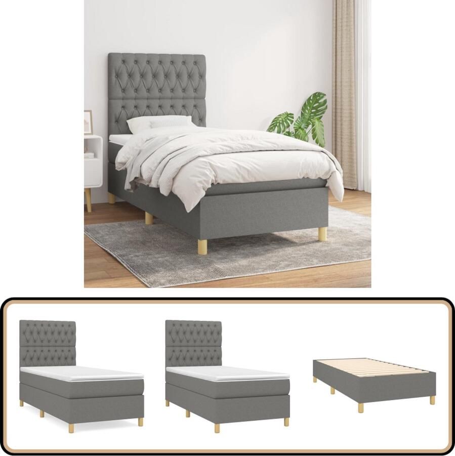 VidaXL Boxspring Stof Donkergrijs 90x190 cm Boxspringbed Donkere Kleuren Tweepersoonsbed Verstelbare Hoofdbord Pocketveer Matras