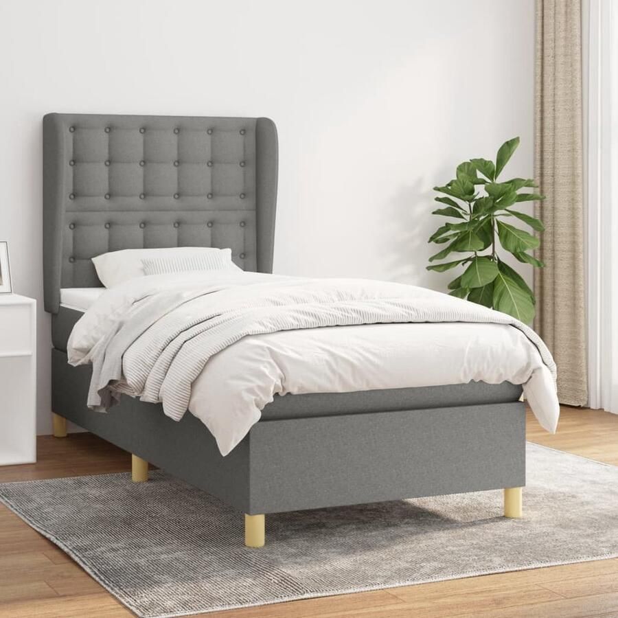 VidaXL Boxspring Stof Donkergrijs 90x200 cm Boxspringbed Boxspring Slaapcomfort Matras Hoofdbord Adjustable Headboard Pocketveerensysteem Middenhard Grijs - Foto 2
