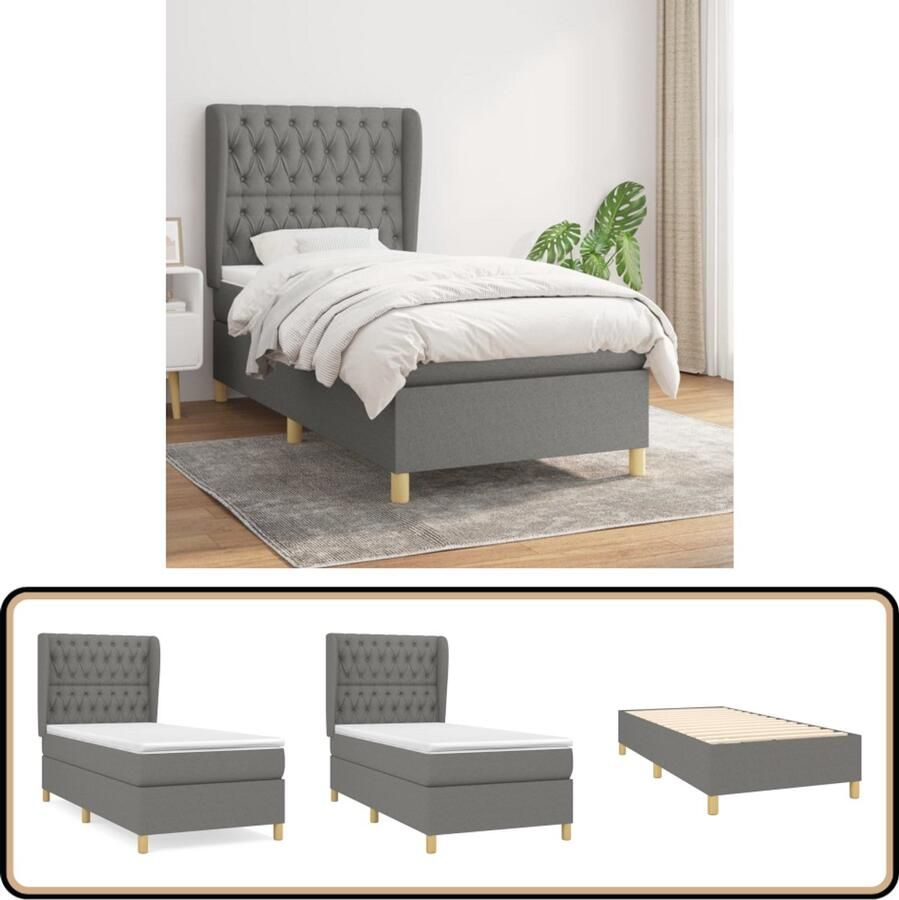 VidaXL Boxspring Stof Donkergrijs 90x200 cm Boxspringbed Boxsprings Slaapkamer Meubels Tweepersoons Bed Donkere Kleuren Grijs Bed Pocketed Spring Mattress Adjustable Headboard
