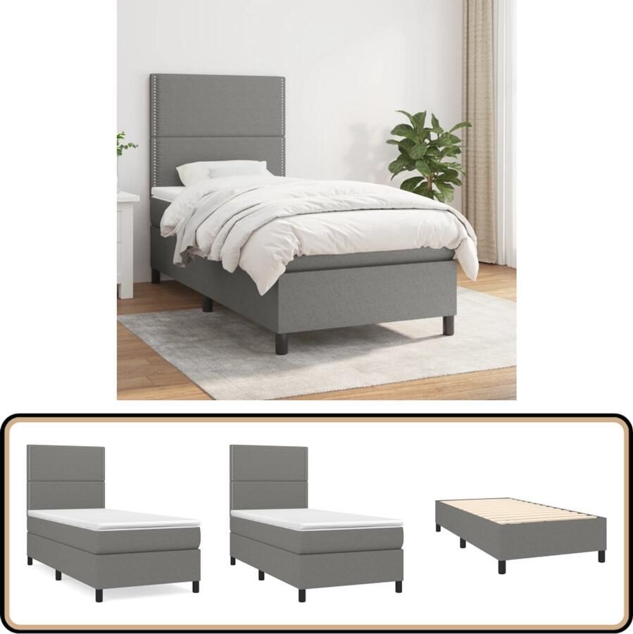 VidaXL Boxspring Stof Donkergrijs 90x200 cm Boxspringbed Donkere Kleuren Tweepersoonsbed Stof Bed Frame Bed Slaapkamer Meubels Hoofdbord Met Instelling