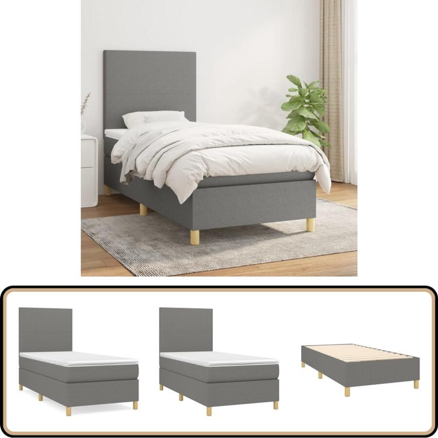 VidaXL Boxspring Stof Donkergrijs 90x200 cm Boxspringbed Slaapcomfort Pocketvering Donker Grijs Stof