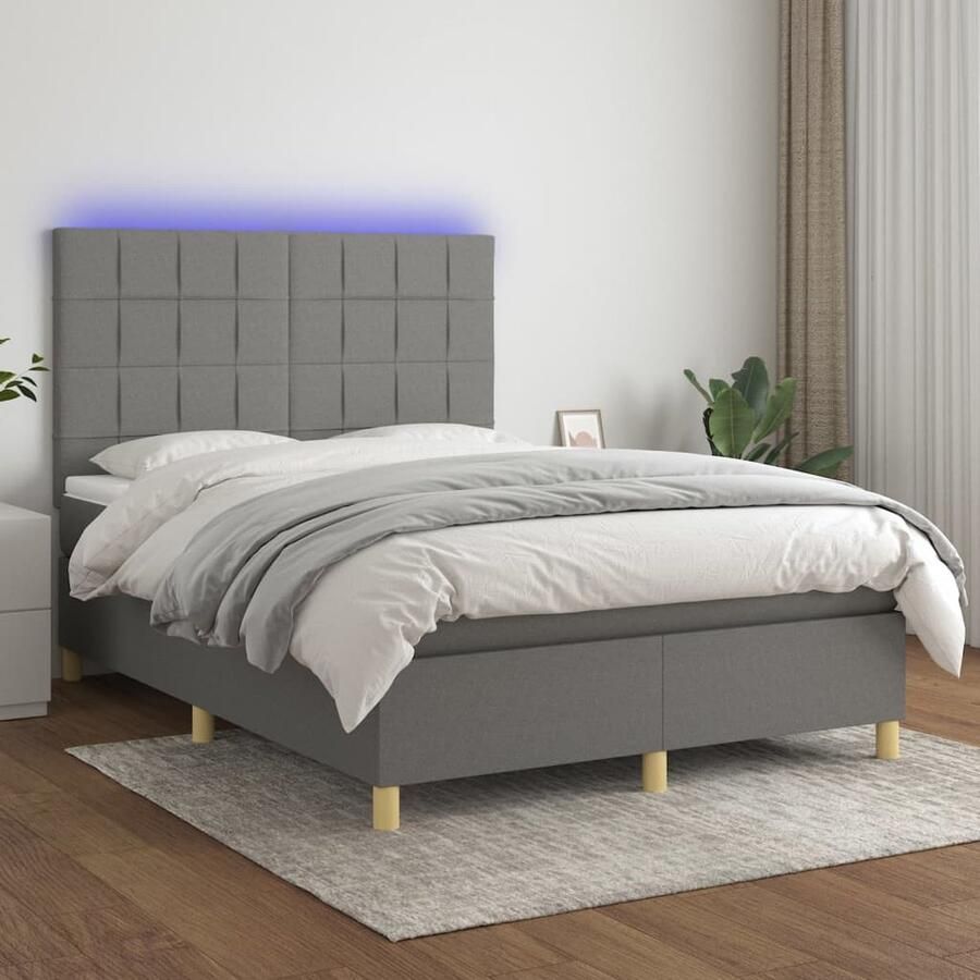 VidaXL Boxspring Stof LED Donkergrijs 140x200 cm Boxspring Bed Donkere Kleuren Led Lampen Pocketed Veren Matras Boxspring Kopen Tweepersoons Bed Groot Bed Slaapkamer Meubilair - Foto 2
