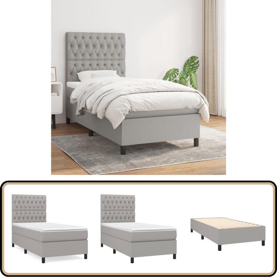 VidaXL Boxspring Lichtgrijs Inclusief Matras 100x200 cm Boxspringbed Boxsprings Slaapkamer Meubels Tweepersoonsbed Grijs Bed Pocketed Spring Mattress Adjustable Headboard Bedroom Furniture