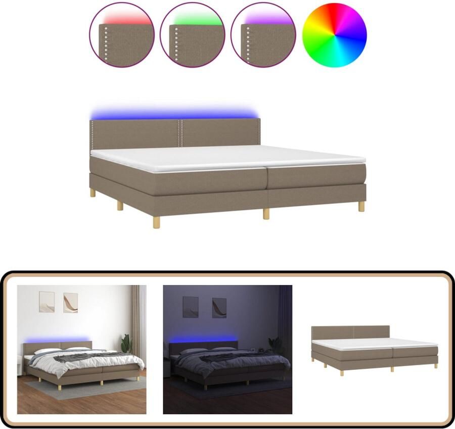 VidaXL Boxspring Stof Taupe 200x200 cm LED Verlichting Boxspring Bed Led Bed Slaapcomfort Pocketed Spring Mattress Taupecouleur