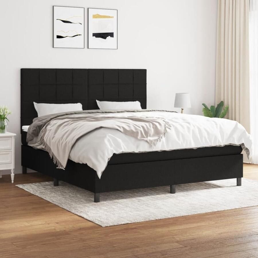 VidaXL Boxspring Stof Zwart 160x200 cm Boxspringbed Boxspring Bed Tweepersoonsbed Matras Topmatras Zware Boxspring Houten Bed Frame Zwart Bed Modern Bed - Foto 2