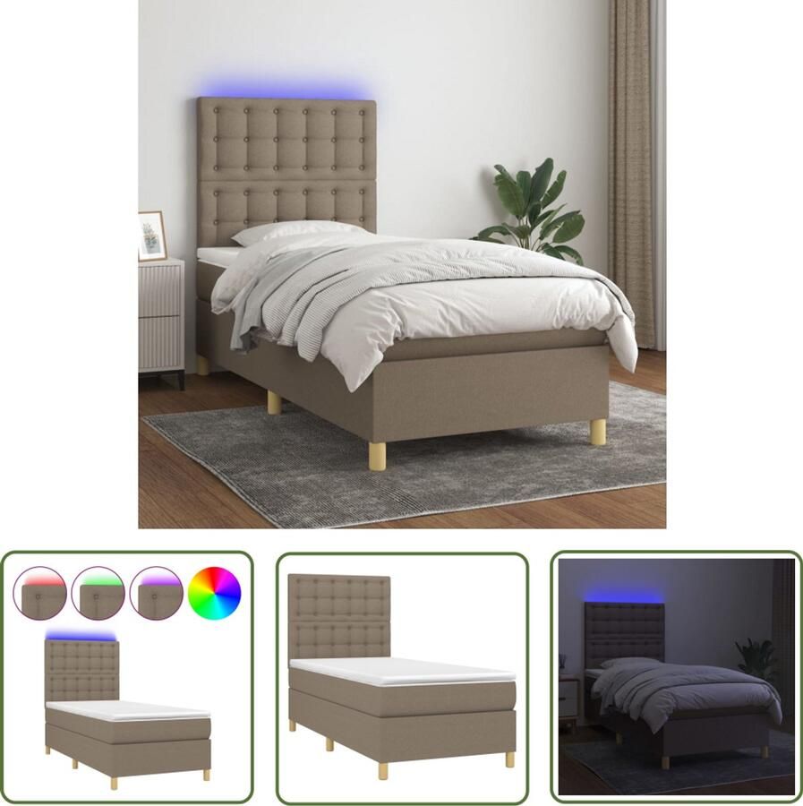 VidaXL Boxspring met matras en LED Taupe 90x190 cm Boxspring Led Bed Tweepersoonsbed Slaapcomfort Taupecouleur Pocketed Verenmatras Frame Bed Headboard - Foto 2