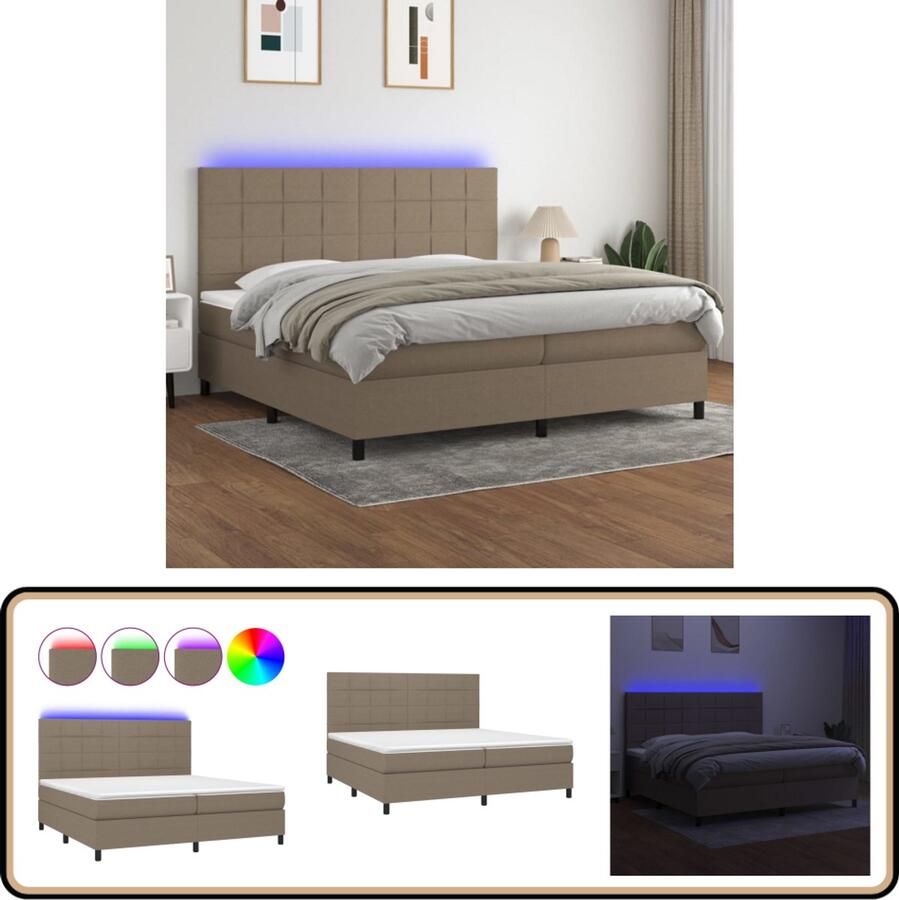 VidaXL Boxspring Taupe 200x200 cm Met LED-verlichting Boxspring Bed Frame Led Lamp Pocketveer Matras Taupecolor Tweepersoonsbed