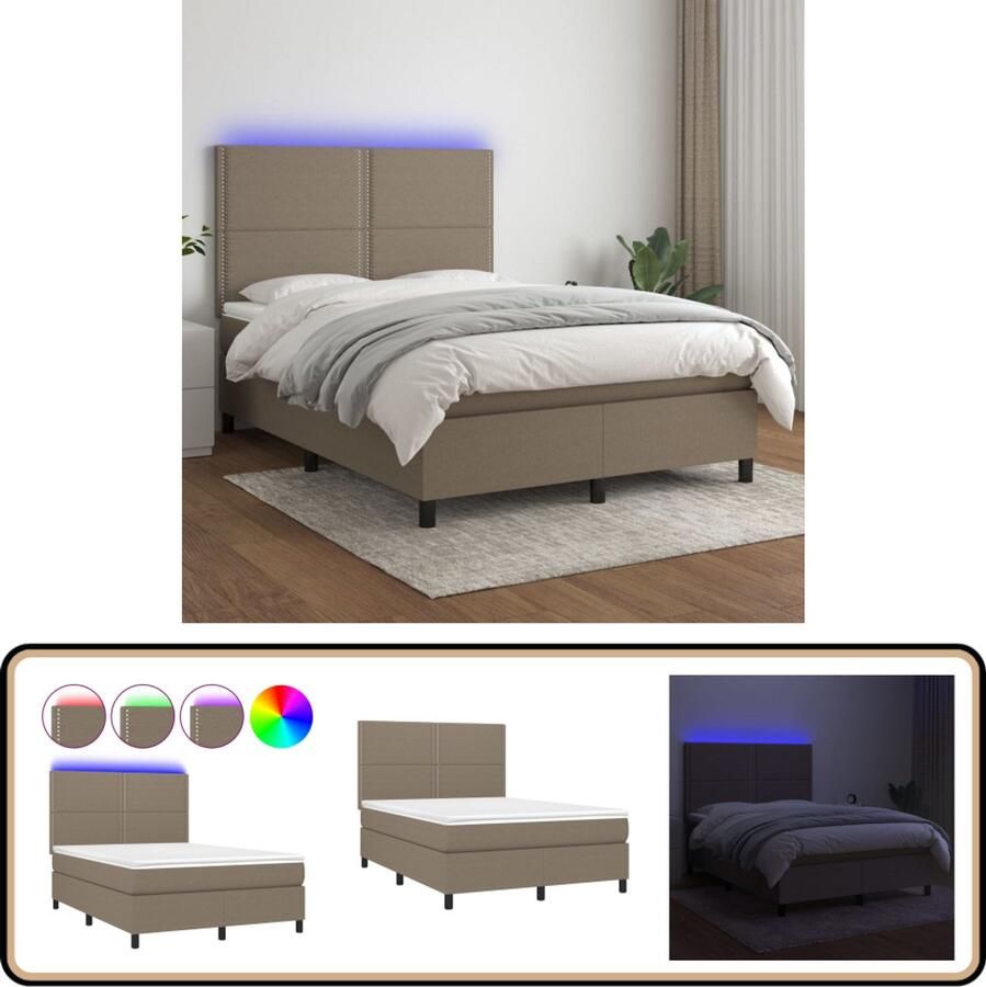 VidaXL Boxspring Taupe Inclusief Matras en LED 140x200 cm Boxspring Led Boxspring Met Led Taupes Boxspring Slaapcomfort