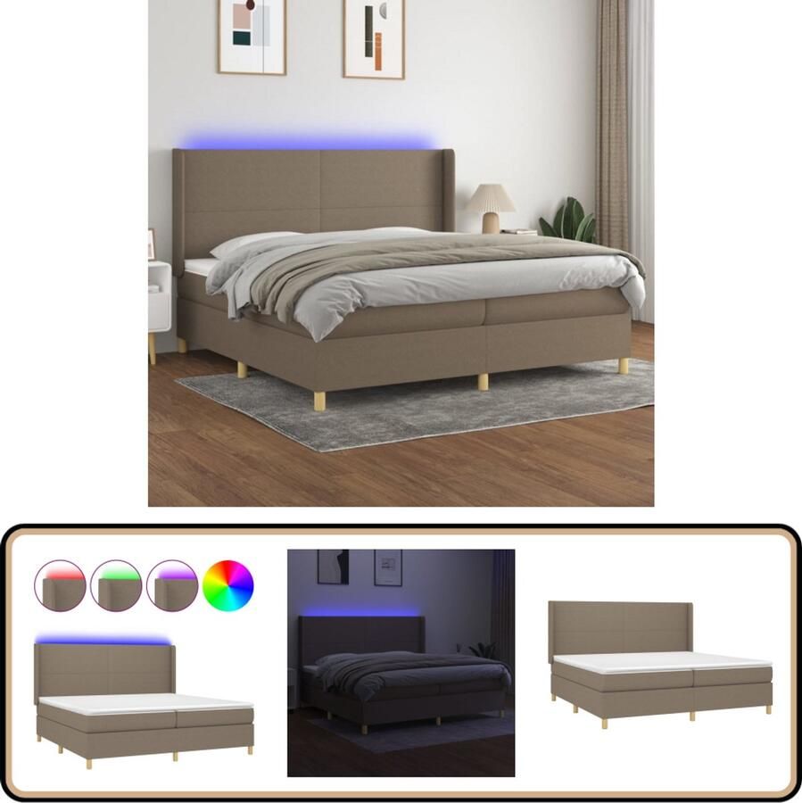 VidaXL Boxspring Taupe Inclusief Matras en LED 200x200 cm Boxspring Bed Led Bed Pocketveer Matras Taupe Bed Tweepersoons Bed
