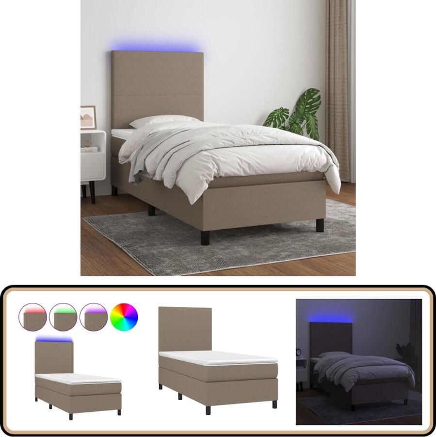 VidaXL Boxspring Matras en LED Stof Taupe 100x200cm Boxspring Bed Slaapcomfort Led Lamp Taupecleur Pocketed Veren Topper Frame