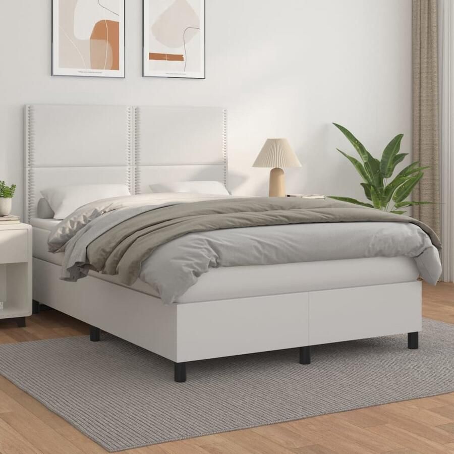VidaXL Boxspring Kunstleer 140x200 cm Wit Boxspringbed Slaapcomfort Kunstleder Verstelbare Hoofdbord Pocketvering Matras Middelduur Wit - Foto 2