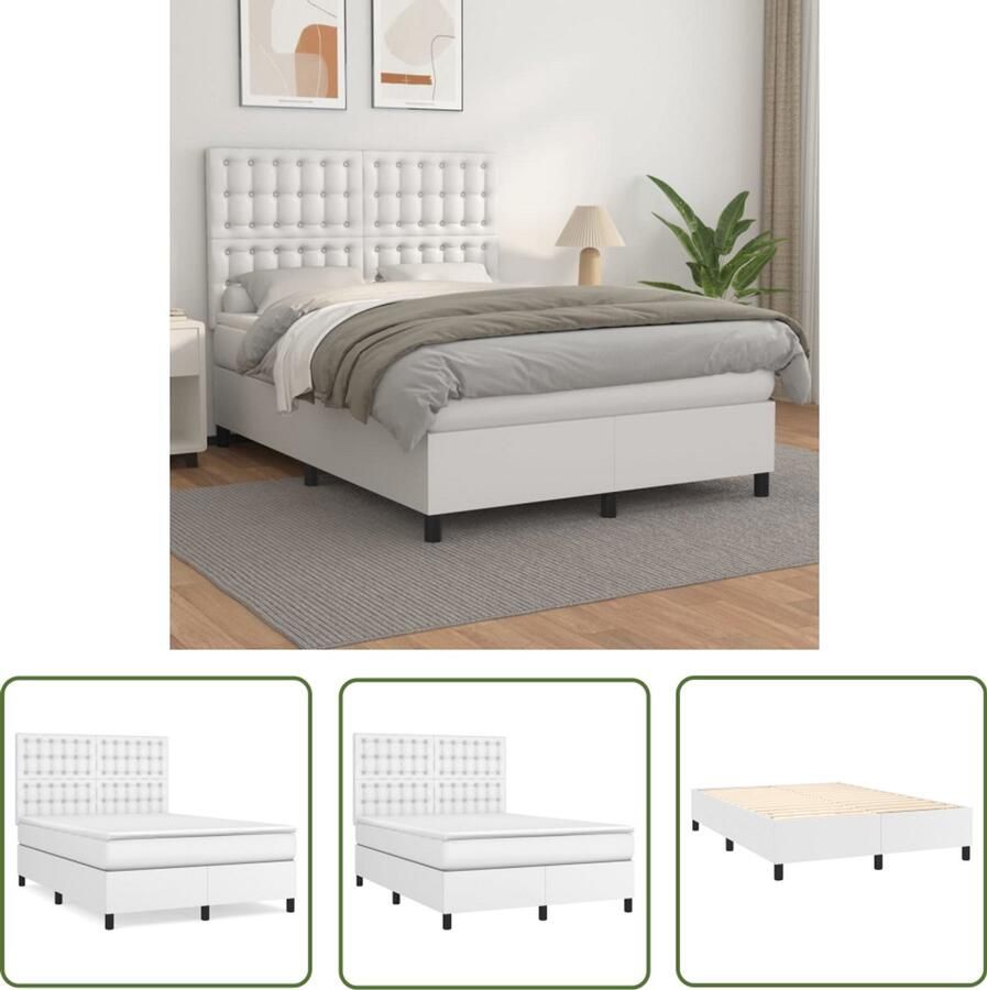 VidaXL Boxspring Kunstleer Wit 140x190 cm Boxspringbed Boxspring Bed Slaapcomfort Kunstleder Pocketed Veren Matras Hoofdbord Adjustable Headboard